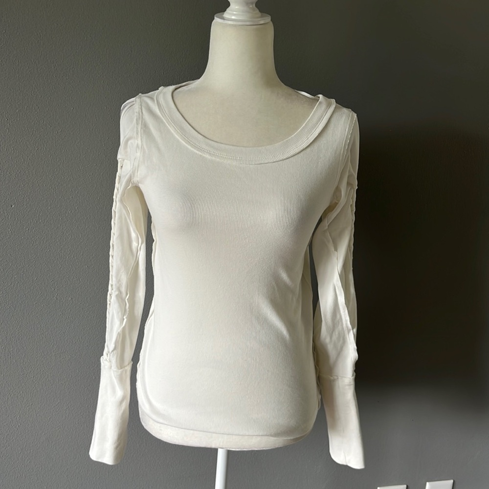 We The Free Cream Ribbed Long Sleeve Top with Cut Out Shoulder New